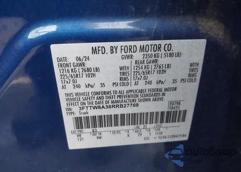 2024 Ford Maverick Xl z USA, uszkodzony, nr VIN 3FTTW8A36RRB27769